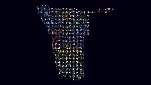 Namibia animated country shape. Pulsating colored dots on the map of the country. Small size rounded square blocks. Digital style Namibia map on dark background. Trending animation video.