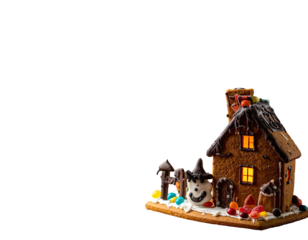 Gingerbread house with festive icing & candy decorations against a black background