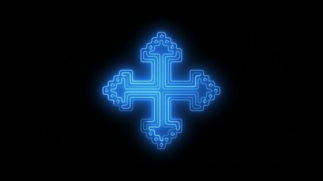 Glowing neon glowing cross patterns with intricate circuit-like designs, creating an ornamental and futuristic digital art on a black background, abstract graphic.