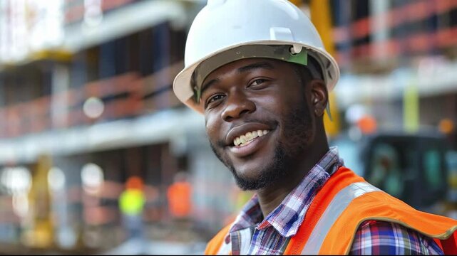 A smiling construction worker in a white hard hat and orange safety vest at a building site