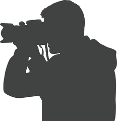 Silhouette of a photographer holding a large camera focusing on a subject isolated on a white backdrop capturing an important moment isolated on white background