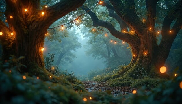 Enchanted forest scene with glowing fairy lights hanging from trees. Dreamy, magical atmosphere in woodland path. Mystical setting evokes fantasy. Atmosphere serene. Perfect for fairytale