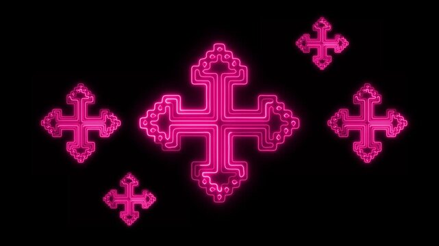 Glowing neon glowing cross patterns with intricate circuit-like designs, creating an ornamental and futuristic digital art on a black background, abstract graphic.