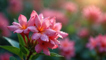 Obraz premium Close up photo shows pink frangipani flowers with water drops. Bright flowers on blurred garden background. Floral wallpaper for design needs. Floral design concept.