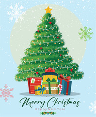 Flat vector showing decorated Christmas tree with gifts and snow.