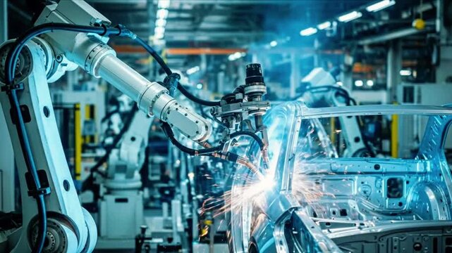 Dynamic industrial automation sequence showing a robotic arm precisely welding the chassis frame of a modern vehicle body assembly line