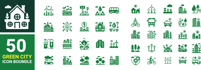 Collection of 50 green city icons bundle set depicting sustainable urban life