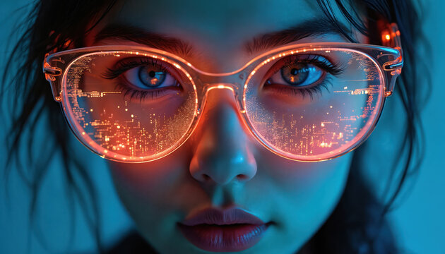 Young person wears glowing smart glasses. Eyes reflect bright digital data patterns. Shows future tech, artificial intelligence, cyber brain concept for new vision. Augmented reality interface,