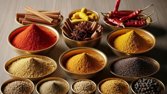 Assortment of colorful spices and herbs in golden bowls cinnamon sticks star anise red chili 4K Ai HD high quality video.
