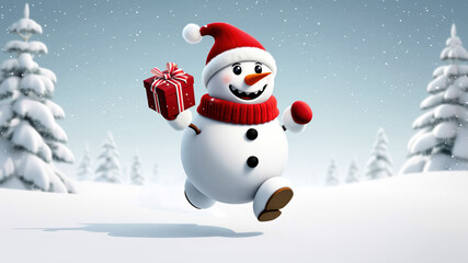 Fototapeta premium A cheerful snowman in a red scarf and hat dashes joyfully across a snow-covered field holding a colorful gift. Pine trees surround the delightful winter scene, adding to the festive spirit