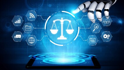 Futuristic digital law interface displaying justice scale, highlighting digital law, AI compliance, digital law systems, and digital law regulations for secure governance. Muxer