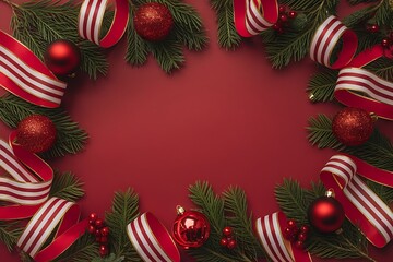 christmas wreath with red ribbon Merry Christmas and Happy Holidays greeting card, frame, banner. New Year. Noel. Red and white Christmas decorations and g top view. Winter xmas holiday celebration