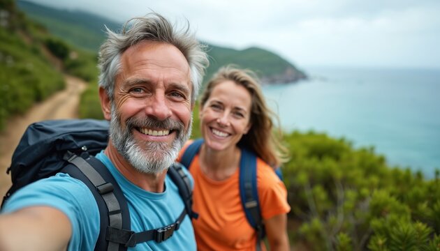 Smiling middle aged couple take selfie on scenic coastal path. Man and woman hike with backpacks by ocean. Couple enjoys outdoor adventure and beautiful sea view on vacation.