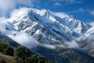 Fototapeta premium Snow Capped Mountain Peaks and Low Clouds