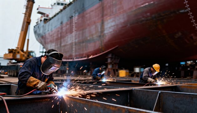 shipyard worker welding steel components during vessel construction