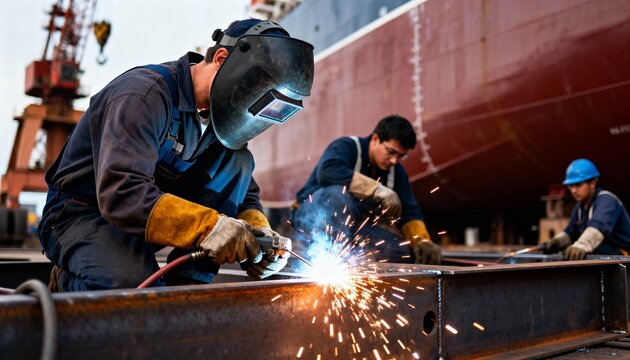 welder working on metal structure at shipyard with sparks flying