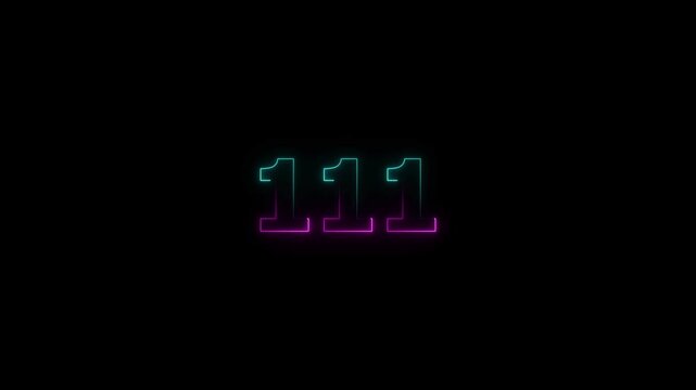 Neon 111 number mathematics text icon animation on black background. Glowing neon 111 motion graphics animation. Digits with glowing lights loop and bulbs. 4k video.