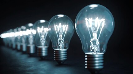 Group of light bulbs in a row going from dark to light with Digital Marketing, Brand, SEO, Business, Advertising and Strategy fiber text on black background. High quality 4k video