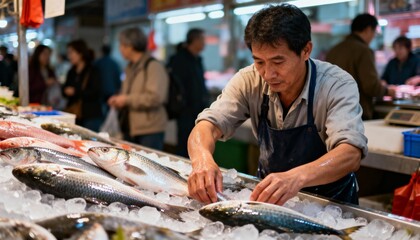 seafood seller preparing fresh fish display in busy marketplace