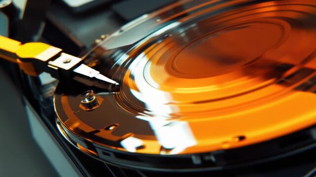 Video A detailed view of a computer hard drive with a removable storage disc inserted