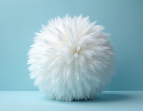 White fluffy sphere sits on light blue background surface. Soft synthetic fiber ball filling material for pillows, cushions, mattresses, furniture. Represents comfort, quality, modern tech textile.