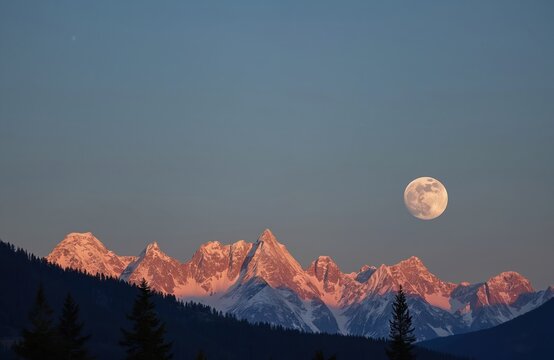 Sunrise lights mountain peaks. Full moon hangs above snow covered mountains. Nature landscape photo with celestial bodies and silhouettes. Tranquil scene.