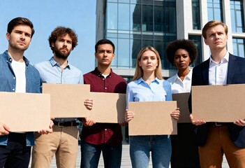 diverse group of people holding blank protest signs in modern city
