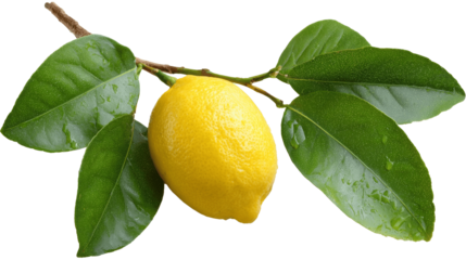 Fresh yellow lemon with glossy green leaves on a branch.