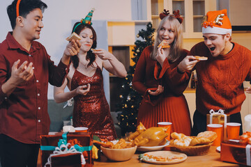 Festive Office Christmas Party with Delicious Food. A beautifully decorated office space with Christmas trees and festive lights, set up for a holiday party.