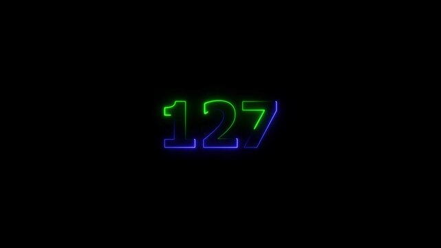 Neon glowing text 127 number icon on a black background animation.  glowing green and purple neon 127 number. 4k video.