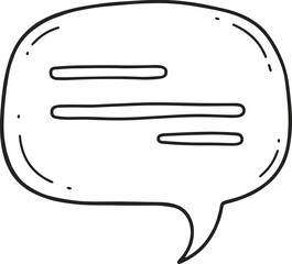 Speech bubble icon, black and white design, dialogue symbol, communication graphic, sketch style, flat vector illustration, UI element