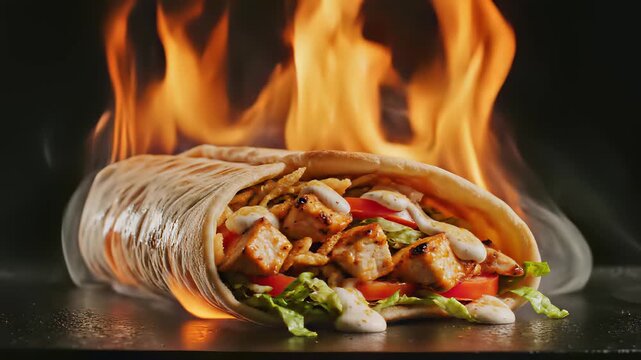 Sizzling chicken burrito, juicy pita with chicken, crispy chicken wrap, fresh lettuce, tomatoes, and savory meat set ablaze on a table, capturing the concept of global commercial cuisine and.