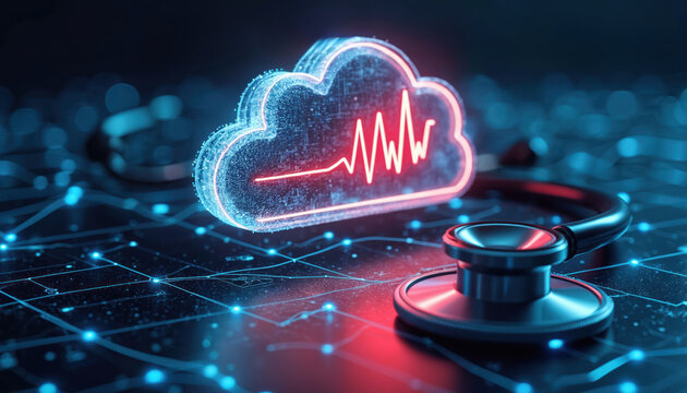 Digital cloud displays heartbeat line with stethoscope. Futuristic tech graphic shows medical data connection. Modern healthcare innovation concept. Network lines glow blue.