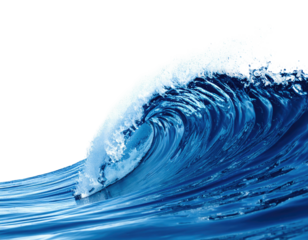 A cresting, ocean wave with a curling top and a dark, blank background
