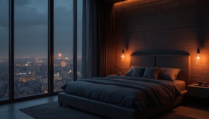 Fototapeta premium Luxurious bedroom interior with a city view at night. Large windows showcase urban lights. Modern bed with pillows. Stylish decor includes lamps and dark tones. Creates a mood of peace and relaxation.