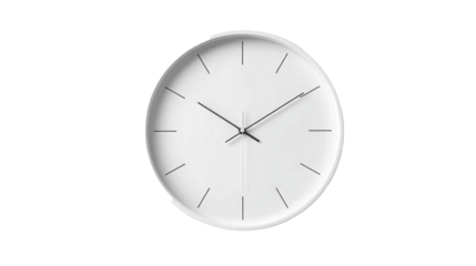 Minimalist wall clock with a sleek white design and simple black hands.
