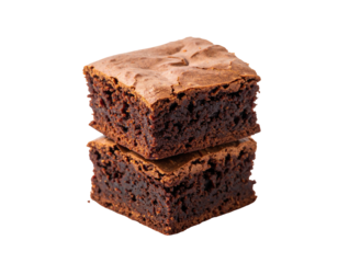 Two squares of chocolatey dessert stacked on top of each other, isolated on a black background