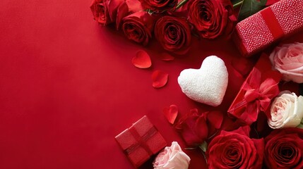 Elegant arrangement of red roses, heart-shaped item, and gift boxes on a vibrant red background, ideal for Valentine's Day or celebration themes
