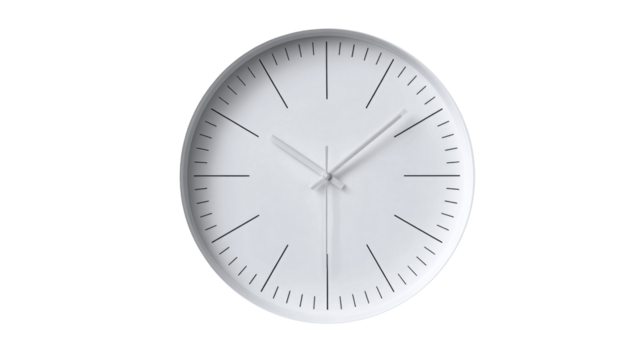 Minimalist white wall clock with simple black hour and minute markers.