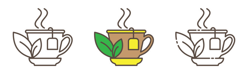 Tea cup linear and solid color icons set isolated on transparent background. Hot drink, tea symbols for café menu, barista design, takeaway packaging, and beverage branding. Editable stroke.