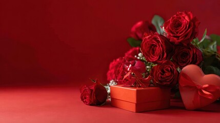 Elegant arrangement of red roses, heart-shaped item, and gift boxes on a vibrant red background, ideal for Valentine's Day or celebration themes