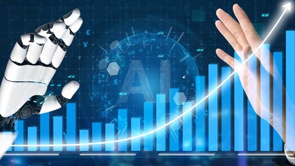 A captivating depiction of a human hand and robotic hand interacting in a digital setting, showcasing data growth with an upward graph symbolizing AI innovation and collaboration. Copula