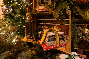 Christmas Books Gift In Rustic Wooden Crate