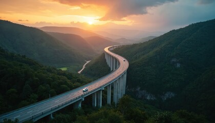 Aerial view of motorway bridge spans green valley at sunset. Cars travel on road elevated over hilly terrain. Structure links towns among trees in rural region.