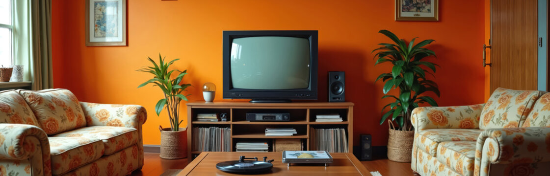 Cozy 1990s living room features vibrant orange walls, comfy floral sofas. Tube TV, record player with vinyls, stereo equipment focal points. Houseplants, framed art complete warm nostalgic home