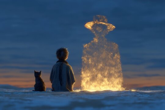 Boy and cat sitting before glowing figure made of light, surreal winter scene symbolizing memory and farewell, ideal for fantasy book covers, film posters or spiritual projects.