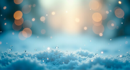 Macro illustration of glistening water droplets and snow texture on a sparkling surface, with soft blue tones and warm golden bokeh, creating a winter holiday atmosphere