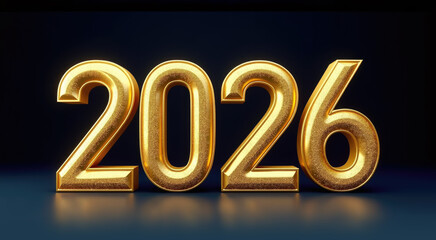 Large, Shiny  gold 3D numbers "2026" on a dark background. Template for New Year design