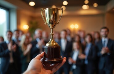 Hand holds golden trophy at award ceremony. Business people in suits clap for winner success in corporate event. Team celebrates achievement, reaching goals.