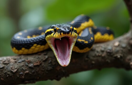 Gold ringed cat snake shows fangs in threat display. Reptile on branch warns with open mouth. Black yellow venomous animal. Portrait of aggressive striped snake in wild.